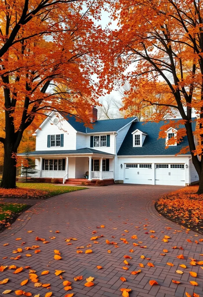 White farmhouse with a brick-paved driveway, wraparound porch, and autumn trees.