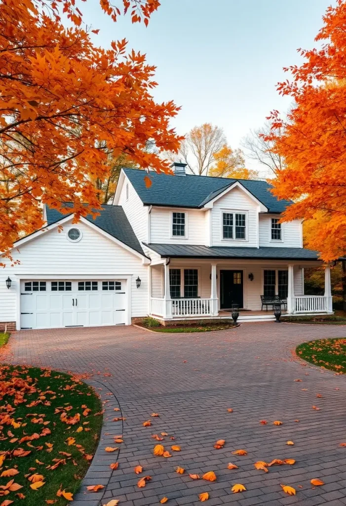 White farmhouse with a curved brick driveway, front porch, and vibrant fall foliage.