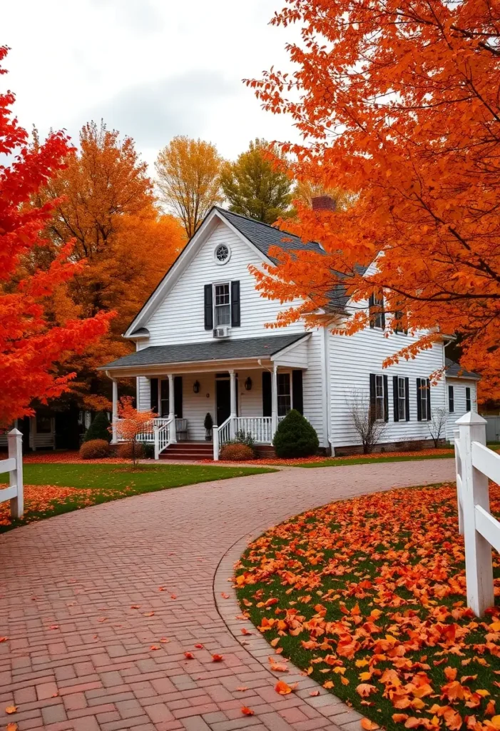 White farmhouse with black shutters, a brick pathway, and vibrant red maple trees in autumn.