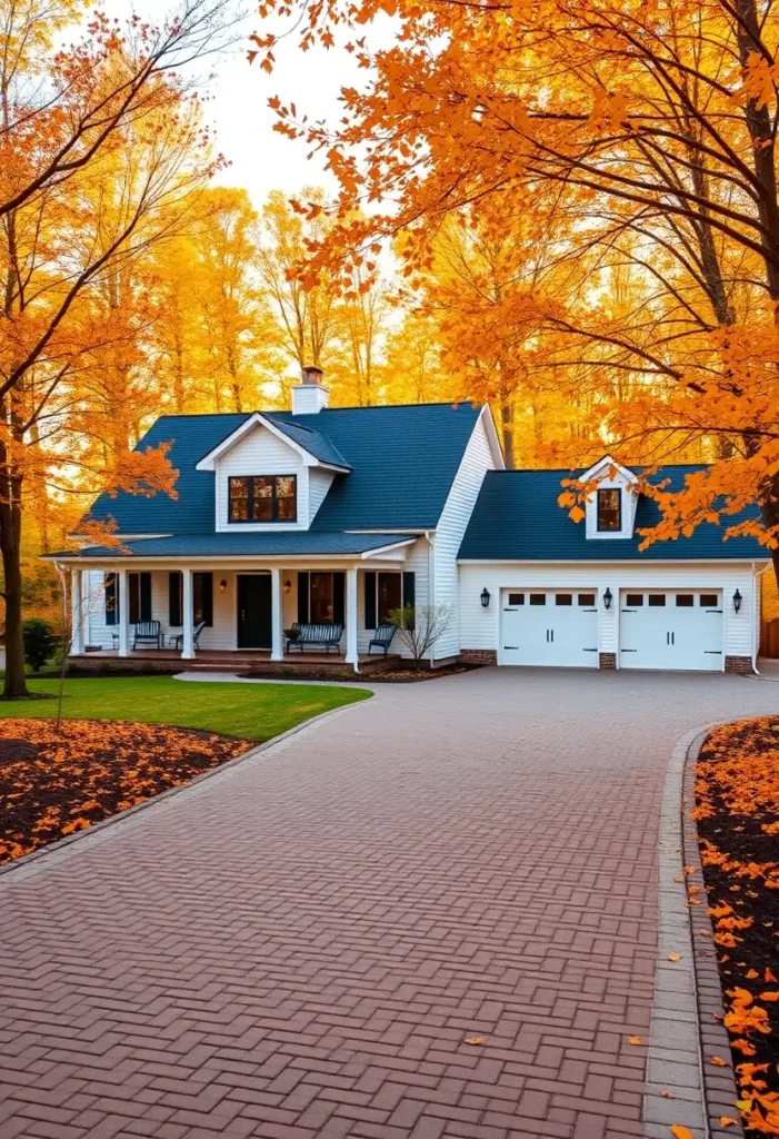 White farmhouse with a brick driveway, porch rocking chairs, and golden autumn trees.