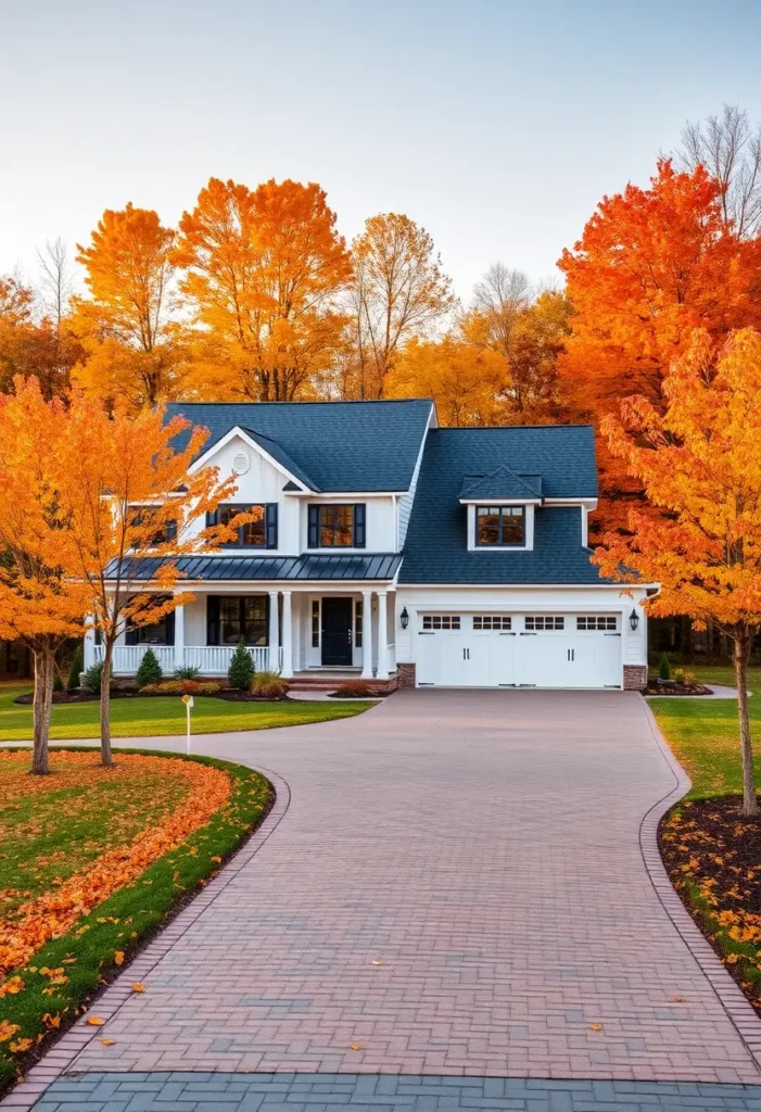 Modern white farmhouse with a curved brick driveway, dark roof, and vibrant fall trees.