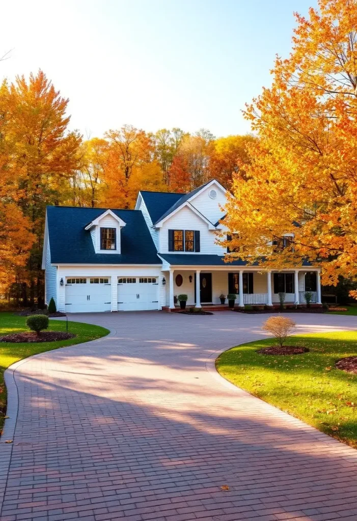 White farmhouse with a wraparound porch, brick driveway, and golden autumn foliage.