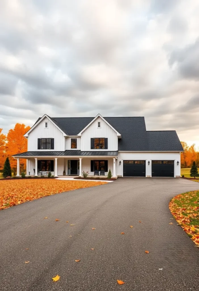 Modern farmhouse with black shutters, vibrant fall leaves, and a curved driveway.