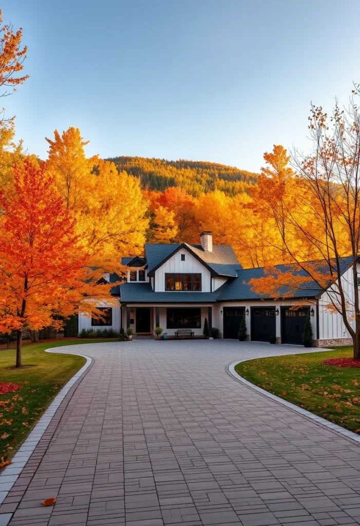 Country house with a brick-paved driveway, black garage doors, and vibrant fall trees in a mountain setting.