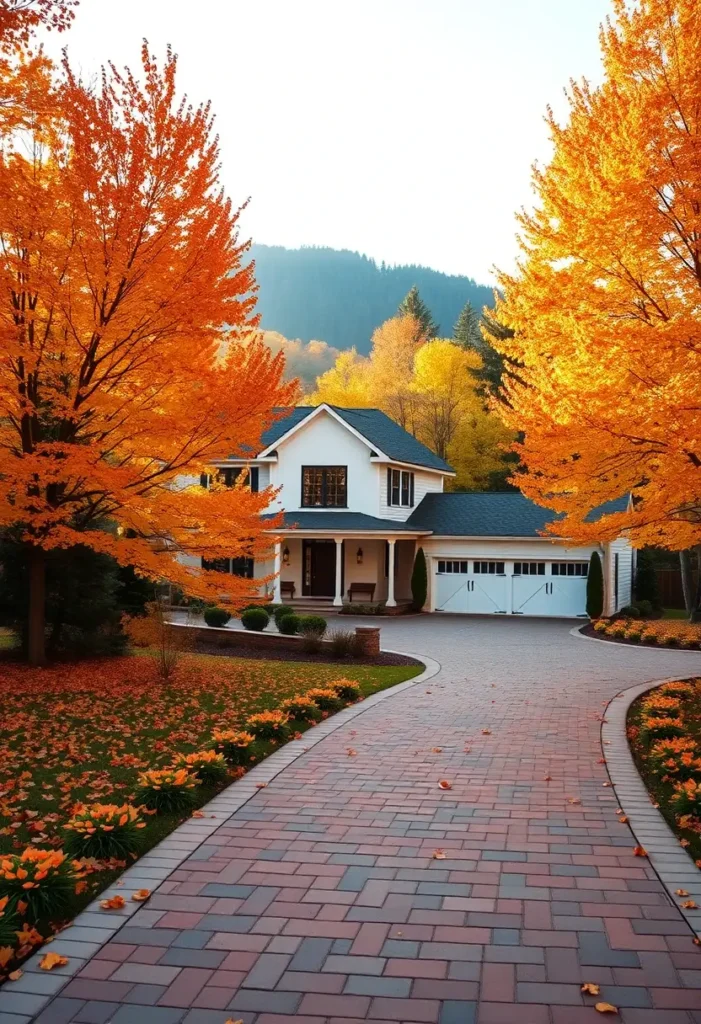 Country house with a winding brick-paved driveway, fall foliage, and barn-style white garage doors.