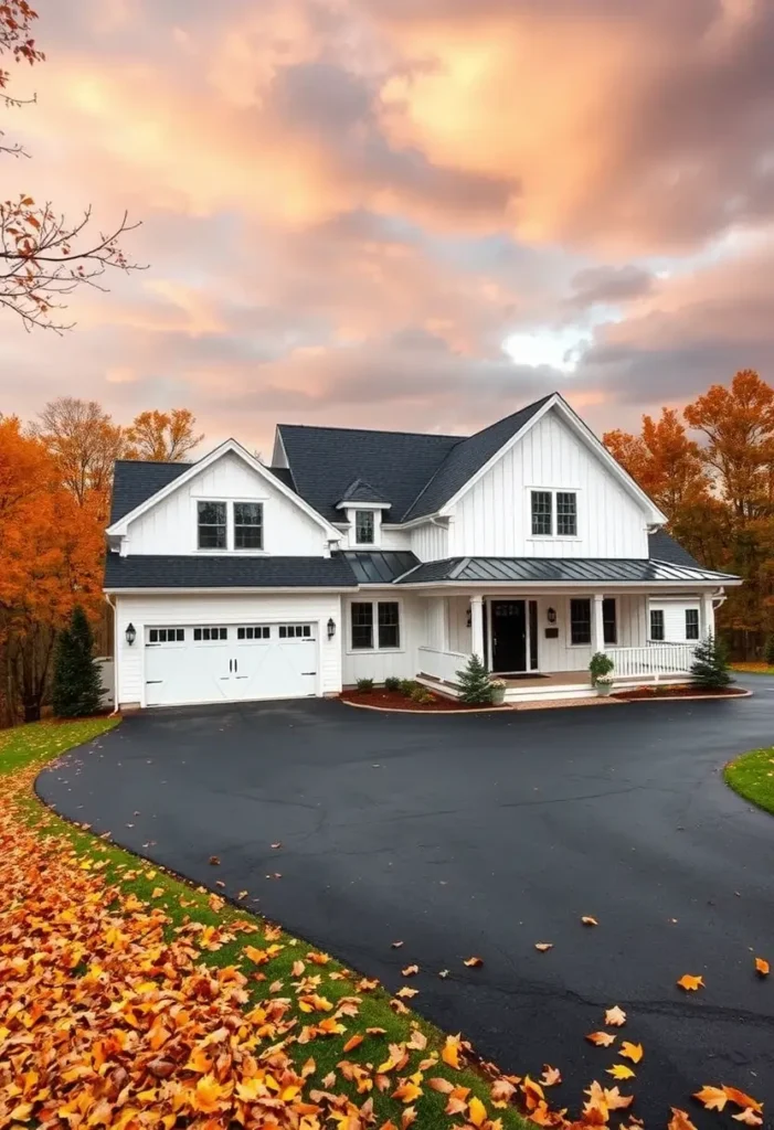 White farmhouse with a curved driveway, fall leaves, and a glowing autumn sky.