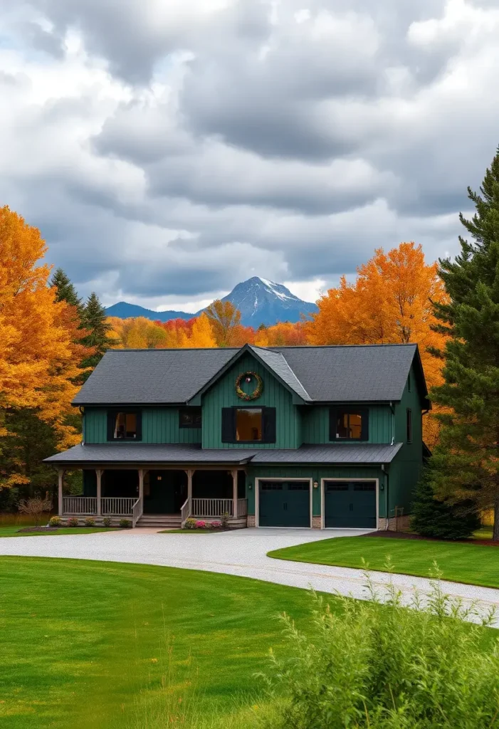 Green country house with a mountain backdrop and vibrant fall trees.