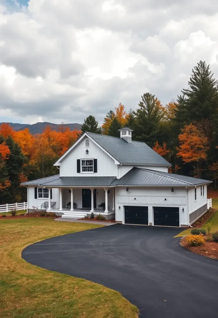 White farmhouse with black shutters, a front porch, and fall foliage in a mountainous setting.