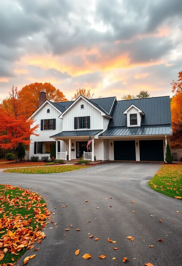 White farmhouse with black shutters, metal roof, and fall foliage under a glowing sunset.