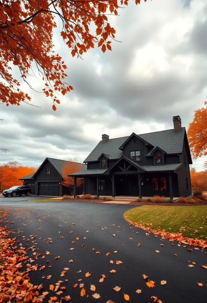 Black country house surrounded by bright orange fall trees under a cloudy sky.