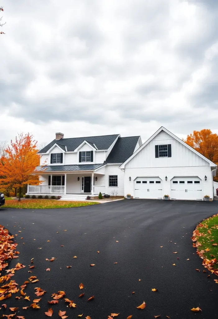 White farmhouse with black roof and autumn trees in the background. Enchanting Fall Country House Exterior Ideas You'll Love