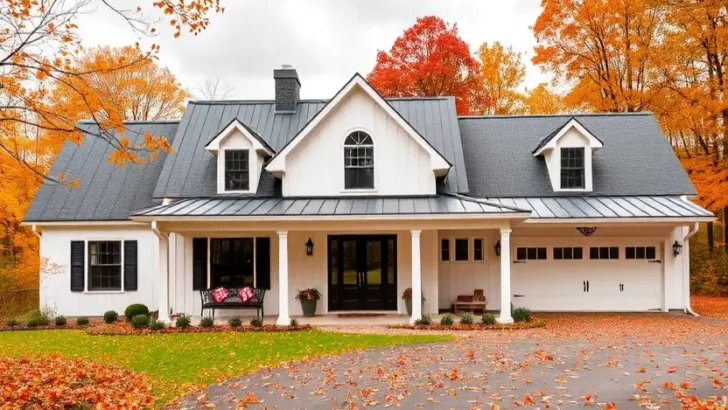 White country house with a black metal roof, autumn trees, and scattered fall leaves. II