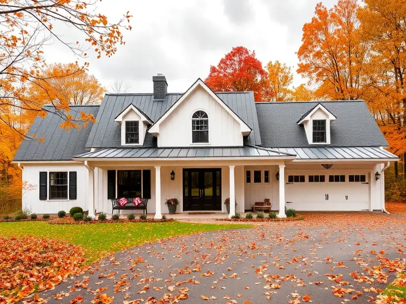 White country house with a black metal roof, autumn trees, and scattered fall leaves. II