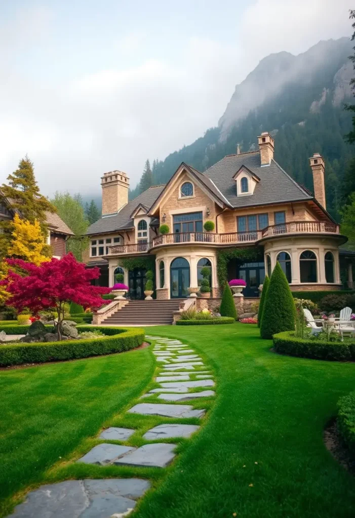 Grand mansion with stone facade, arched windows, manicured gardens, and a mountain backdrop, featuring a stone pathway leading to the entrance.