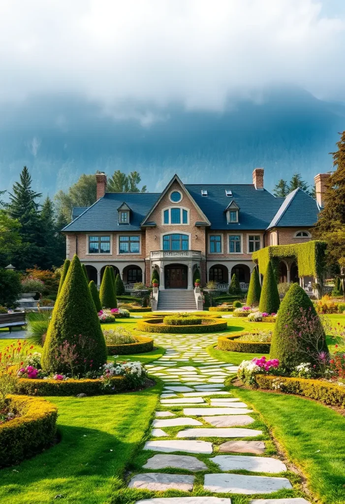 Grand mansion with symmetrical design, manicured gardens, vibrant flower beds, and a stone pathway leading to a staircase, surrounded by lush greenery and a misty mountain backdrop.