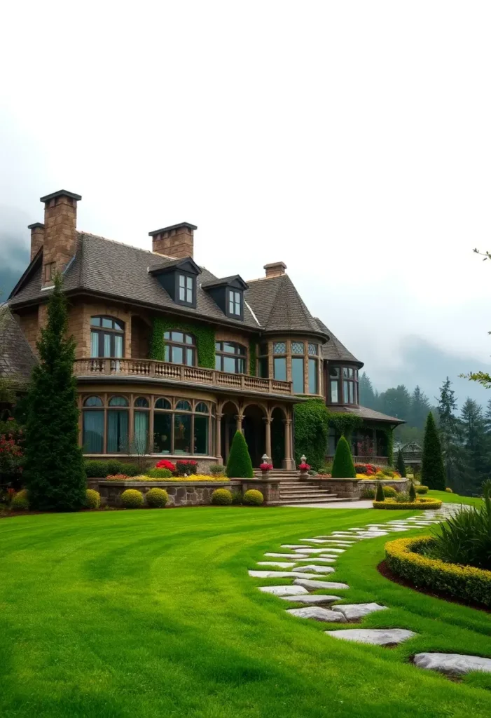 Grand mansion with ivy-covered walls, arched windows, manicured gardens, and a stone pathway leading to an expansive lawn, set against a misty forest backdrop.