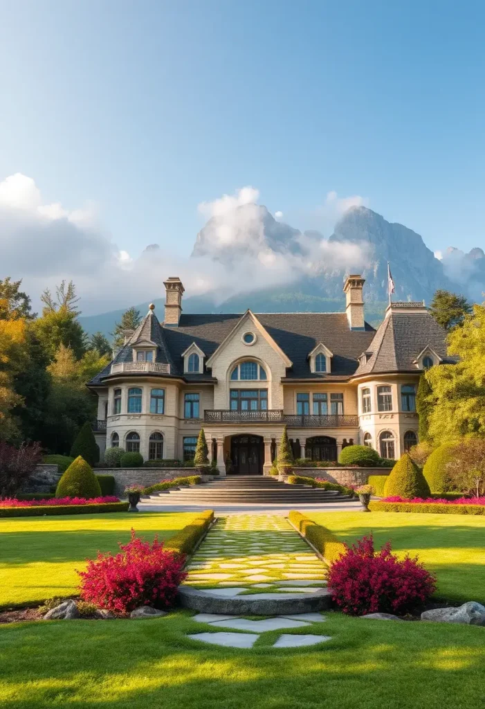 Grand mansion with a stately entrance, vibrant gardens, and a scenic mountain backdrop, featuring a landscaped pathway and symmetrical design.