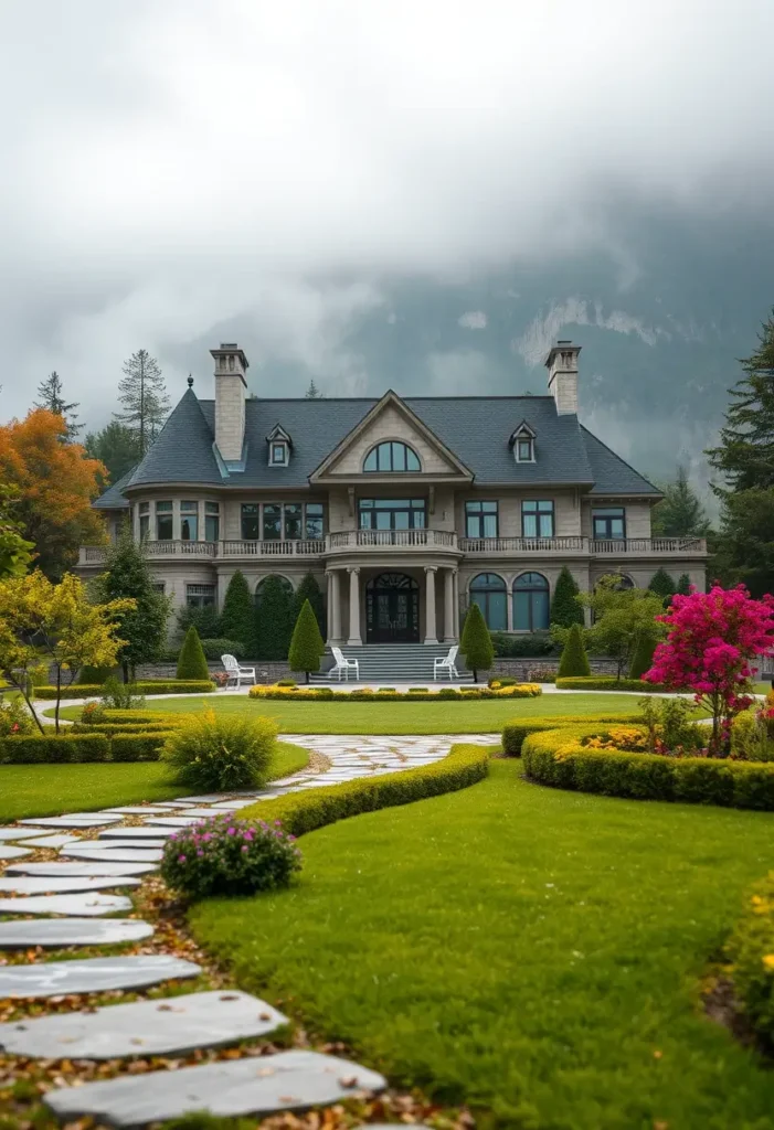 Grand mansion with a symmetrical facade, stately columns, manicured gardens, and a curved stone pathway, set against a misty hillside backdrop.