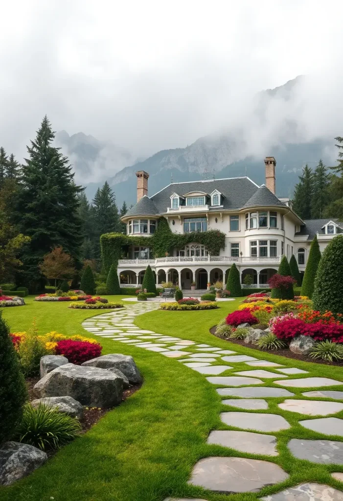 Grand mansion with ivy-draped walls, a curved stone pathway, vibrant floral gardens, and surrounding evergreens, set against a misty mountain backdrop.