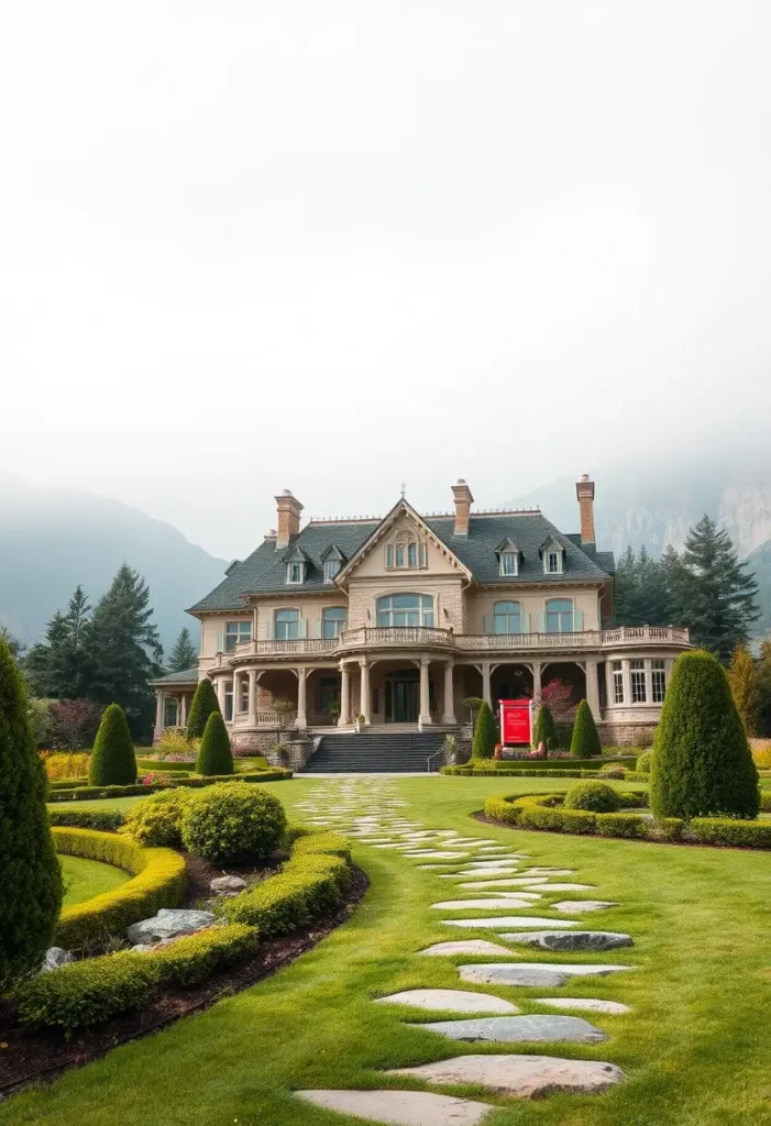 Grand mansion with a stately entrance, columns, manicured gardens, and a curved stone pathway leading to a lush lawn and meticulously trimmed hedges.