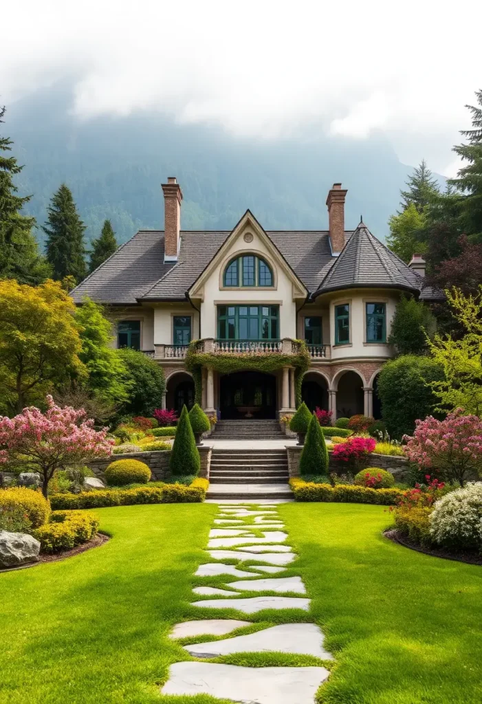 Grand mansion with ivy-draped balcony, arched windows, a stone pathway, and colorful landscaped gardens surrounded by lush greenery.