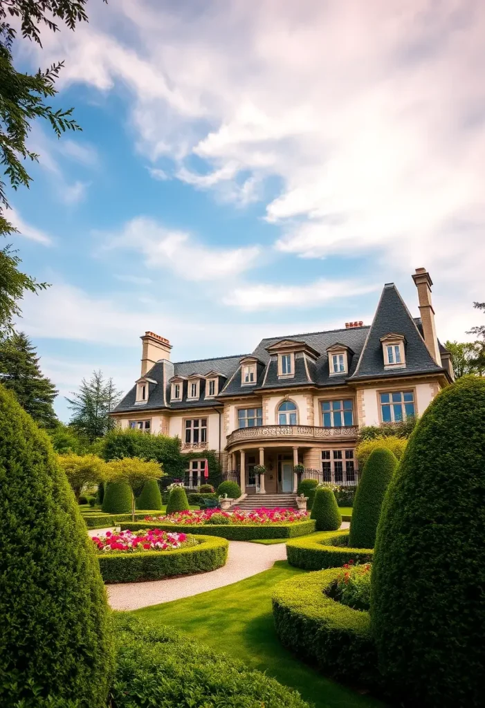 Grand mansion with French-inspired architecture, steep slate roof, dormer windows, and vibrant gardens featuring sculpted hedges and colorful flowerbeds.