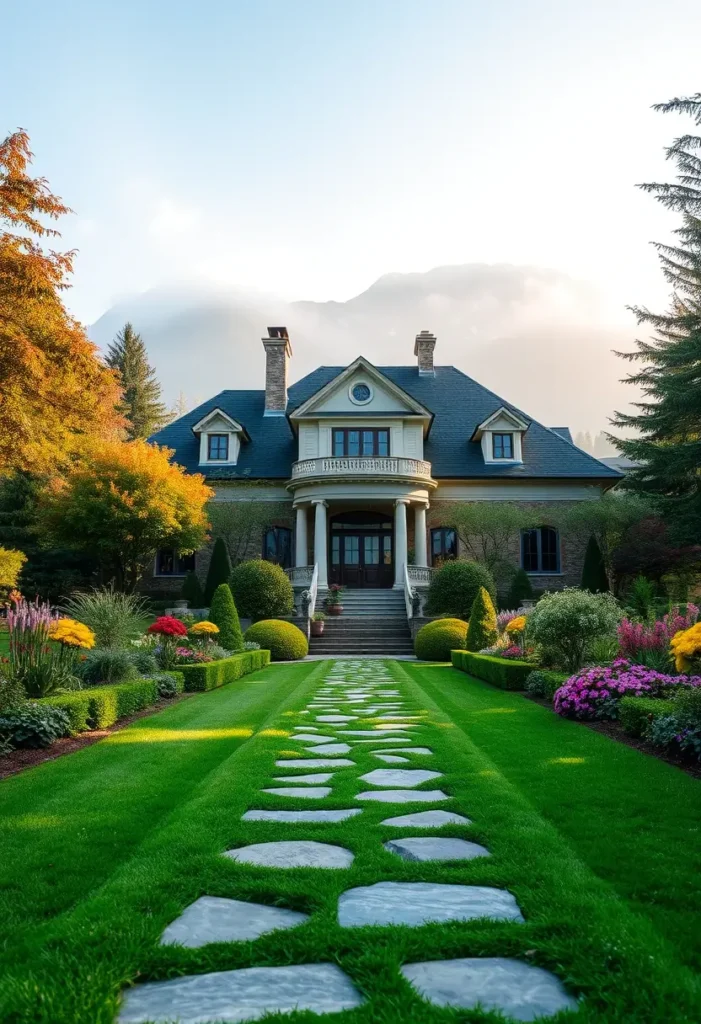 Grand mansion with a columned porch, gabled roof, vibrant gardens, and a stone pathway, illuminated by morning light and surrounded by lush greenery.