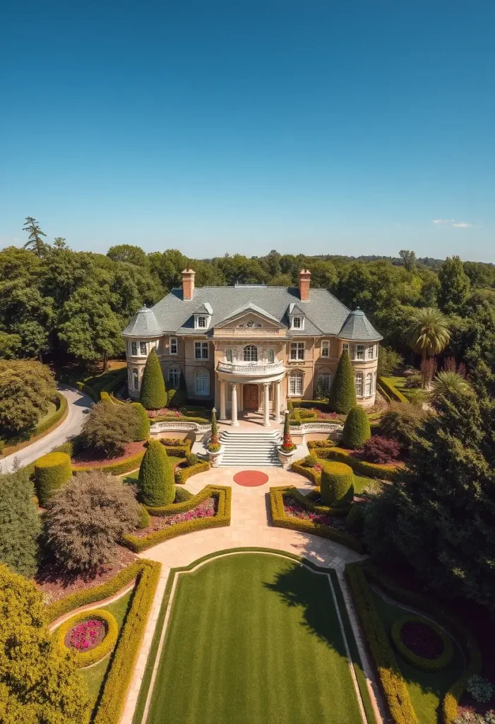 Grand mansion with stately columns, expansive lawn, symmetrical gardens, and vibrant floral designs surrounded by lush greenery under a clear blue sky.