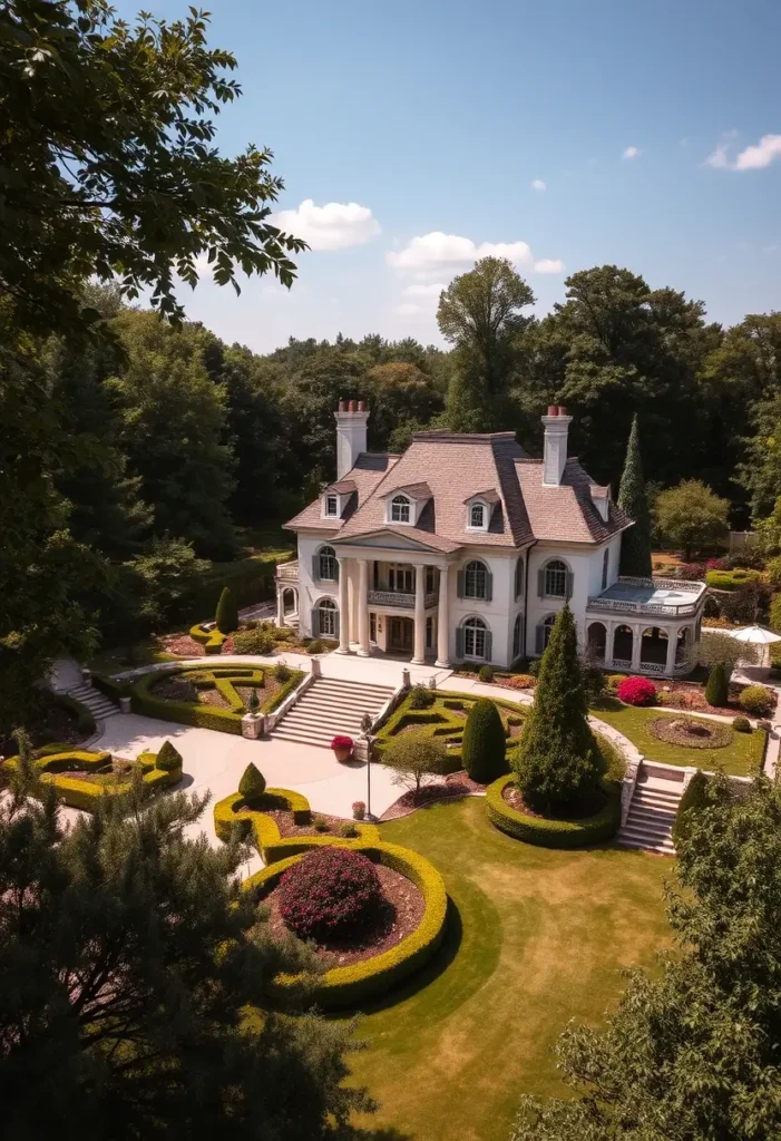 Grand manor with symmetrical architecture, columned entryway, dormer windows, and intricately designed gardens with shaped hedges and manicured lawns.