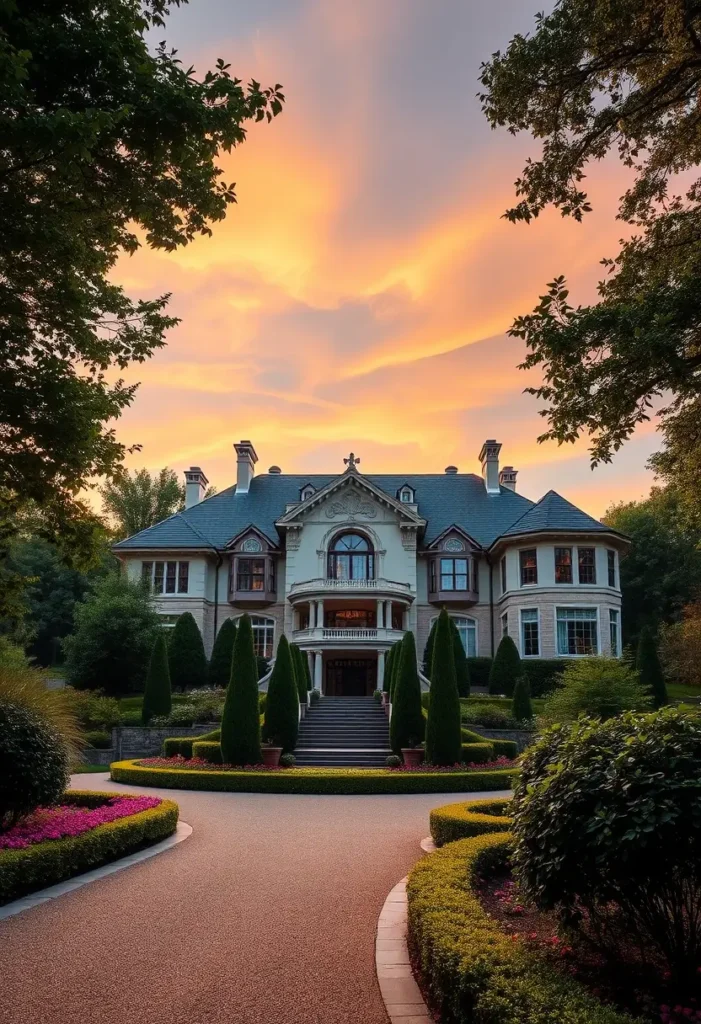 Grand mansion with a detailed facade, grand staircase, rounded driveway, manicured hedges, and a sunset sky in the background.