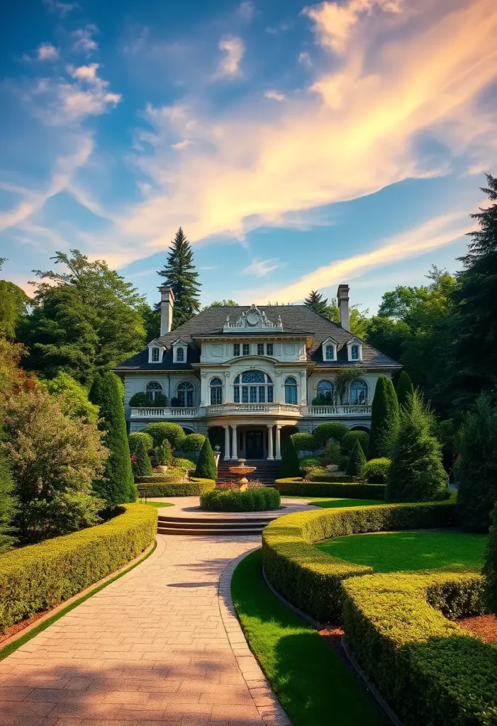 Grand mansion with intricate facade, columned porch, arched windows, manicured gardens, central fountain, and a vibrant sky in the background.