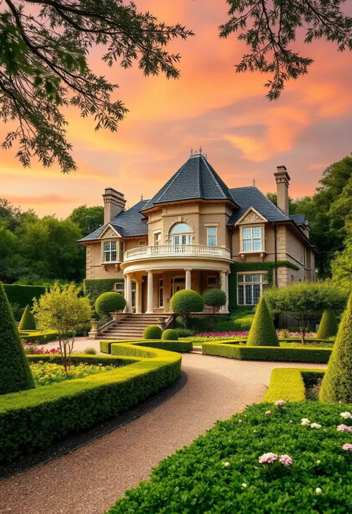 Grand mansion with a turreted roof, columned porch, sculpted hedges, and vibrant gardens, illuminated by a warm sunset glow.