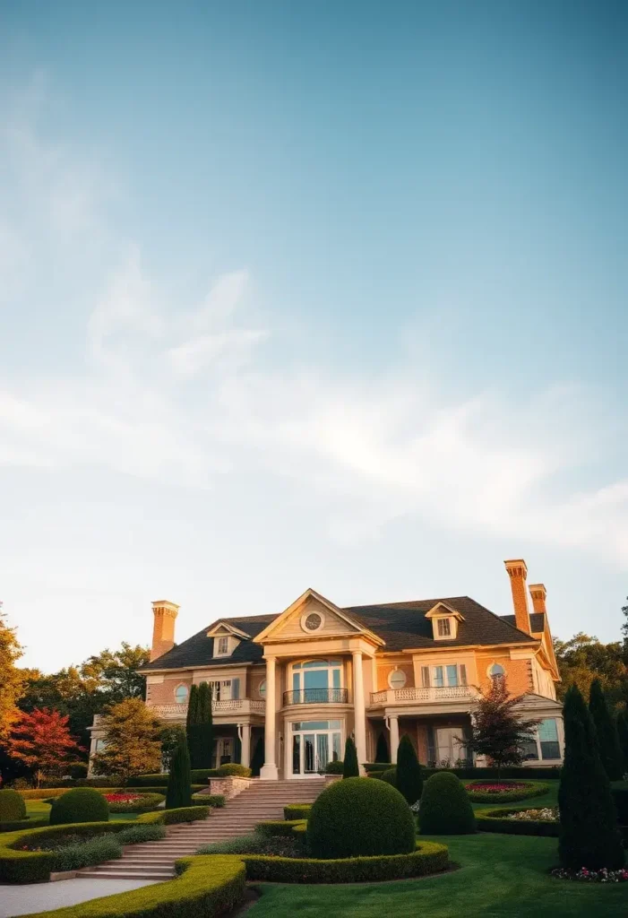 Grand mansion with symmetrical design, columned entryway, sculpted hedges, and vibrant greenery, glowing in golden hour light.