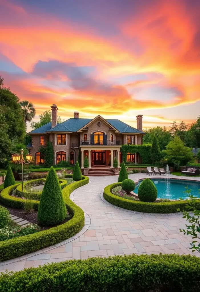 Grand mansion with a serene pool, paved pathway, manicured hedges, and a vibrant sunset sky in the background.