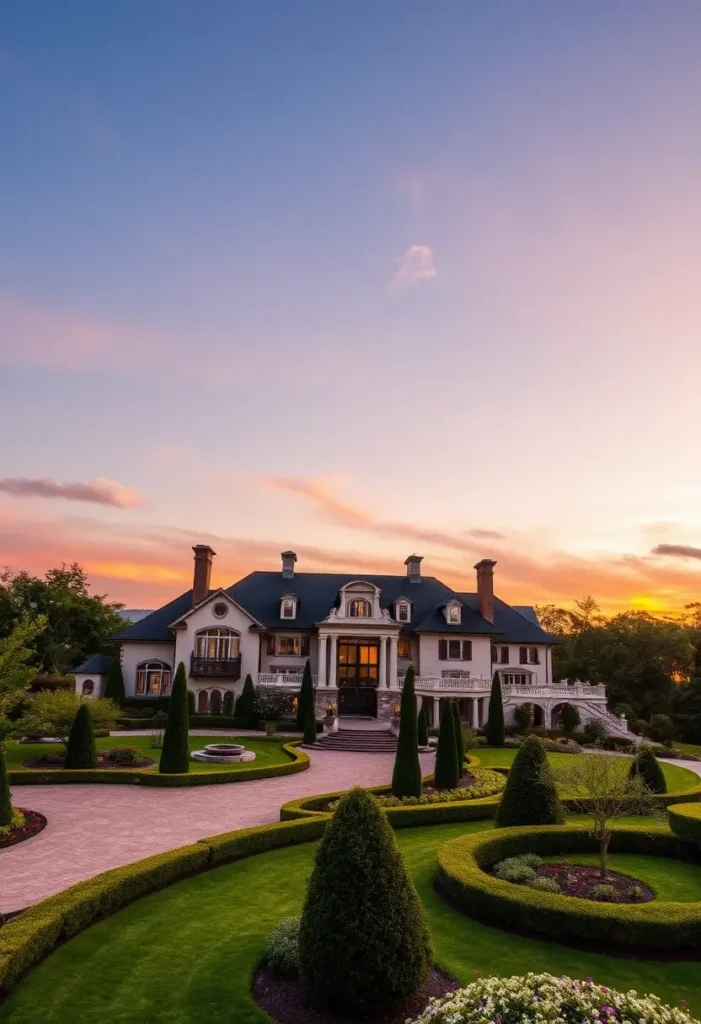 Grand mansion with symmetrical design, elegant gardens, curved driveway, and a twilight sky creating a serene and luxurious ambiance.