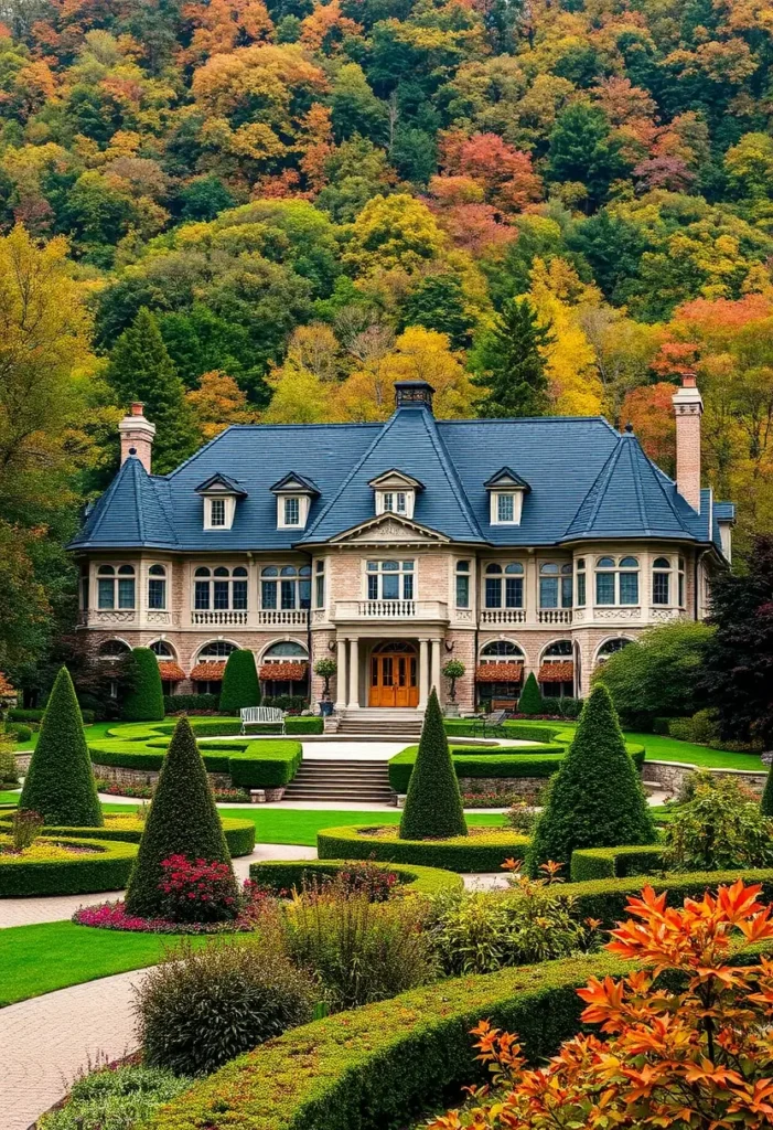 Grand mansion with slate roof, symmetrical design, manicured gardens, and vibrant autumn foliage in the background.