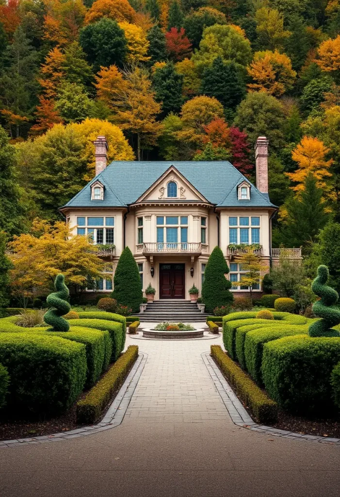 Grand estate with symmetrical architecture, detailed facade, sculpted greenery, and vibrant autumn foliage in the background.