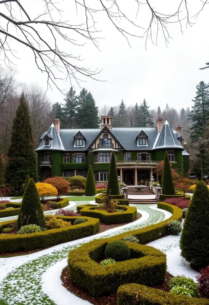 Ivy-covered mansion with intricate gardens, sculpted hedges, and a light snow covering, set against a forest backdrop.