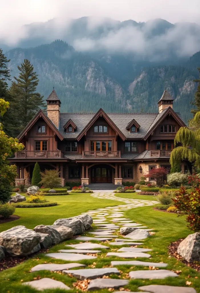 Rustic mansion with wood and stone accents, a winding stone pathway, natural landscaping, and a mountain backdrop shrouded in mist. Grand Mansions