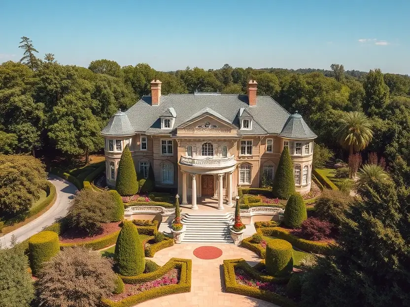 Grand mansion with stately columns, expansive lawn, symmetrical gardens, and vibrant floral designs surrounded by lush greenery under a clear blue sky. II