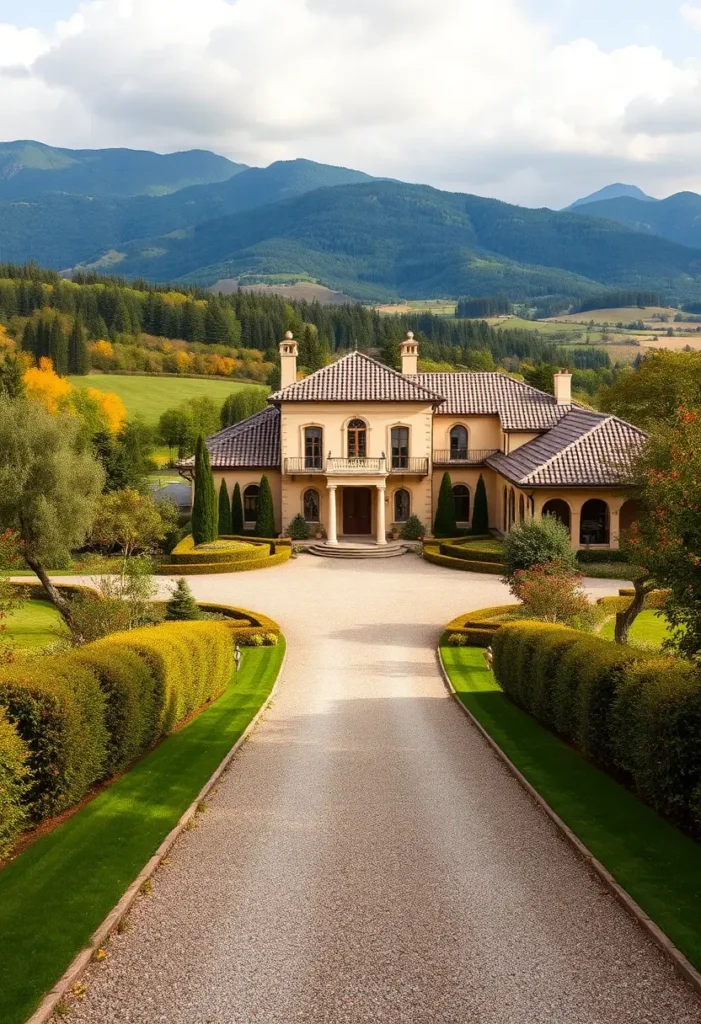 Italian villa with terracotta roof, arched windows, a gravel driveway, and manicured gardens surrounded by picturesque rolling hills.