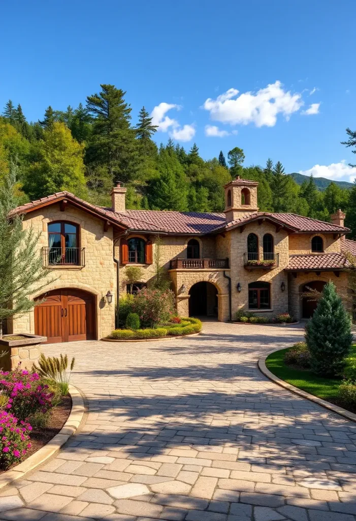 Italian villa with warm-toned stone facade, terracotta roof, wooden shutters, cobblestone driveway, and vibrant flower beds surrounded by a lush forest landscape.