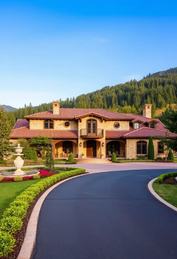 Italian villa with terracotta roof, stone facade, arched windows, a garden fountain, vibrant flowers, and a curved driveway surrounded by a forested landscape.