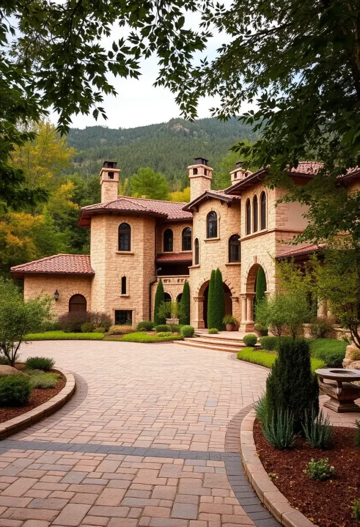 Italian villa with stone facade, terracotta roof, tower-like structures, arched windows, cobblestone driveway, and lush greenery nestled in a serene forest setting.