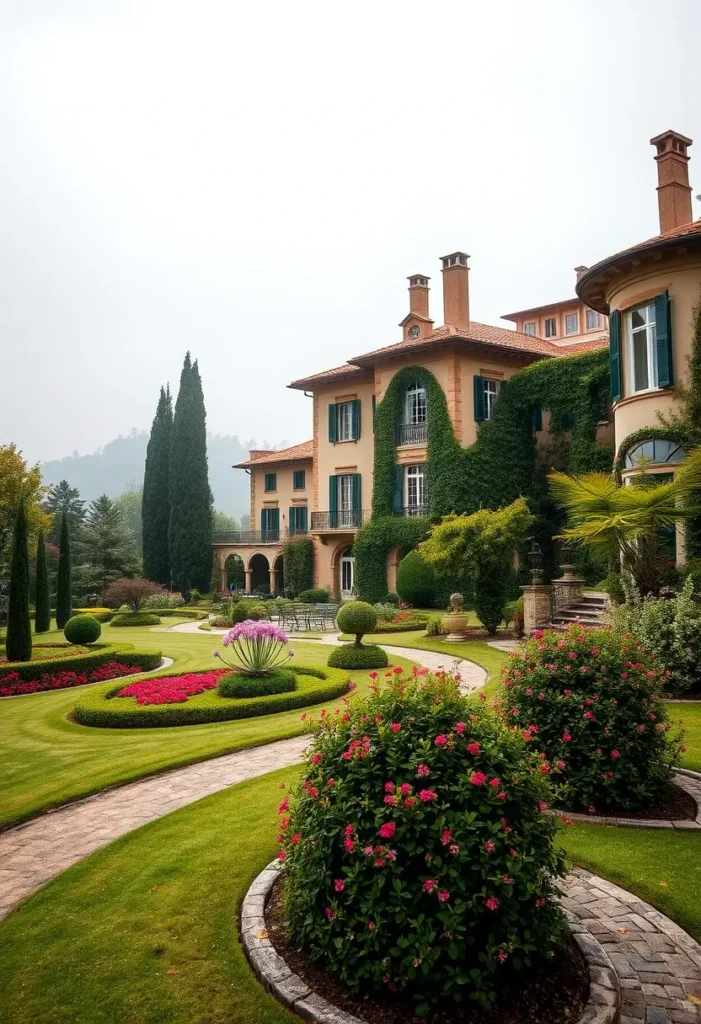 Italian villa with ivy-covered walls, terracotta roofs, arched windows, vibrant flower beds, sculpted hedges, and winding pathways surrounded by lush greenery and cypress trees.