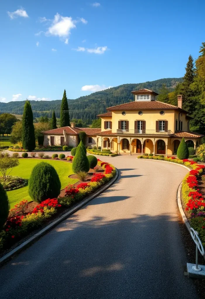 Italian villa with terracotta roof, ochre walls, arched portico, a curved driveway lined with vibrant flower beds, sculpted hedges, and cypress trees, set against a backdrop of rolling hills.