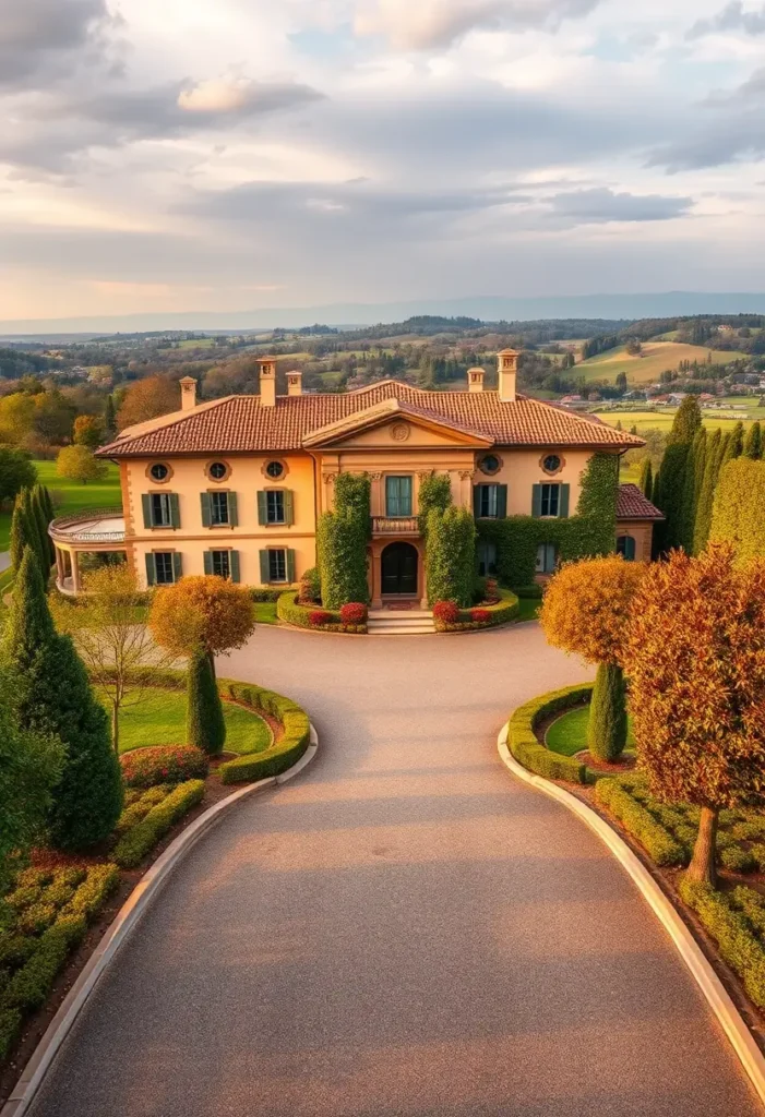 Italian villa with symmetrical architecture, ivy-covered walls, terracotta roof, curved driveway, and golden autumn trees set against a backdrop of rolling countryside hills.