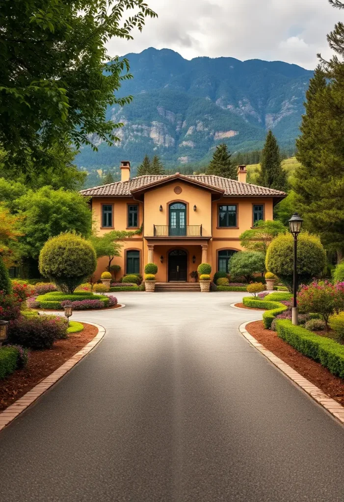 Italian villa with terracotta roof, ochre facade, manicured hedges, vibrant flowers, and stunning mountain views in the background.