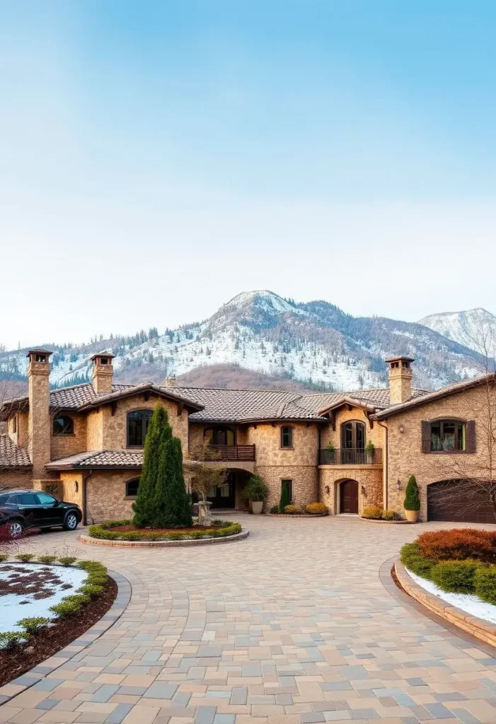 Italian villa with a stone facade, terracotta roof, arched windows, cobblestone driveway, and snowy mountain backdrop surrounded by evergreen landscaping.