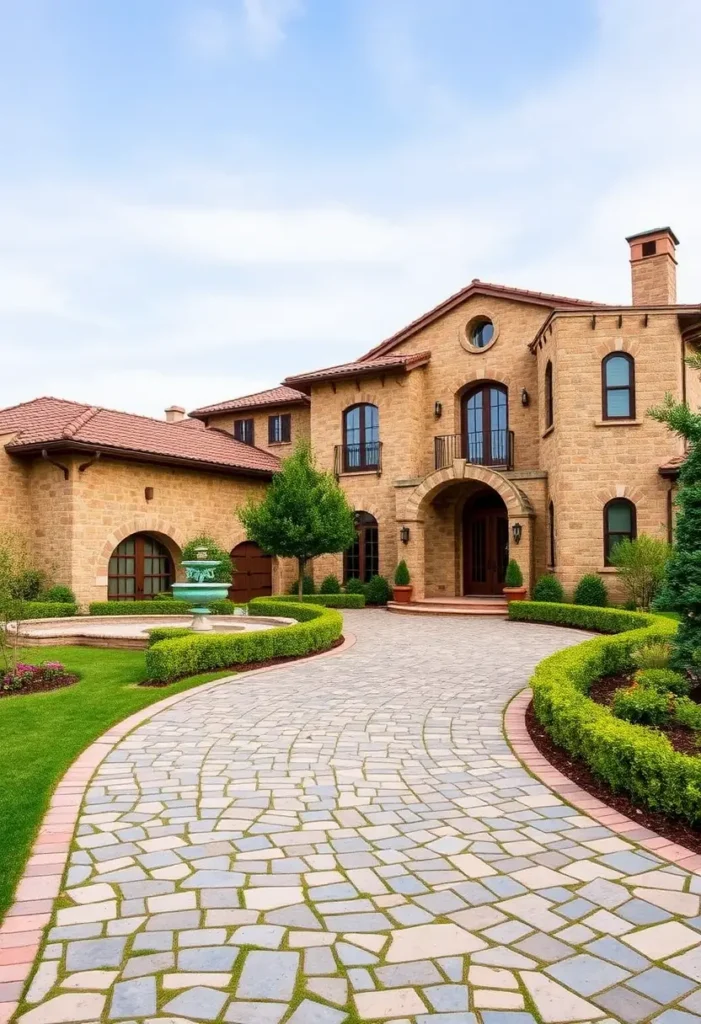 Italian villa with stone facade, terracotta roof, arched windows, cobblestone driveway, and centerpiece fountain surrounded by lush greenery.